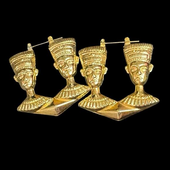 Vintage Gold Tone Knocker Egyptian Revival Nefertiti Earrings Statement Jewelry - Picture 1 of 7